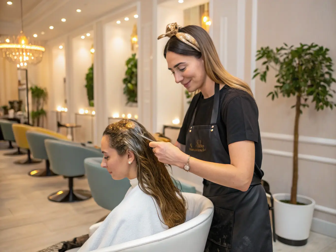 A barber applying a hair treatment to a client's hair, showcasing the care and attention given to hair health and styling.
