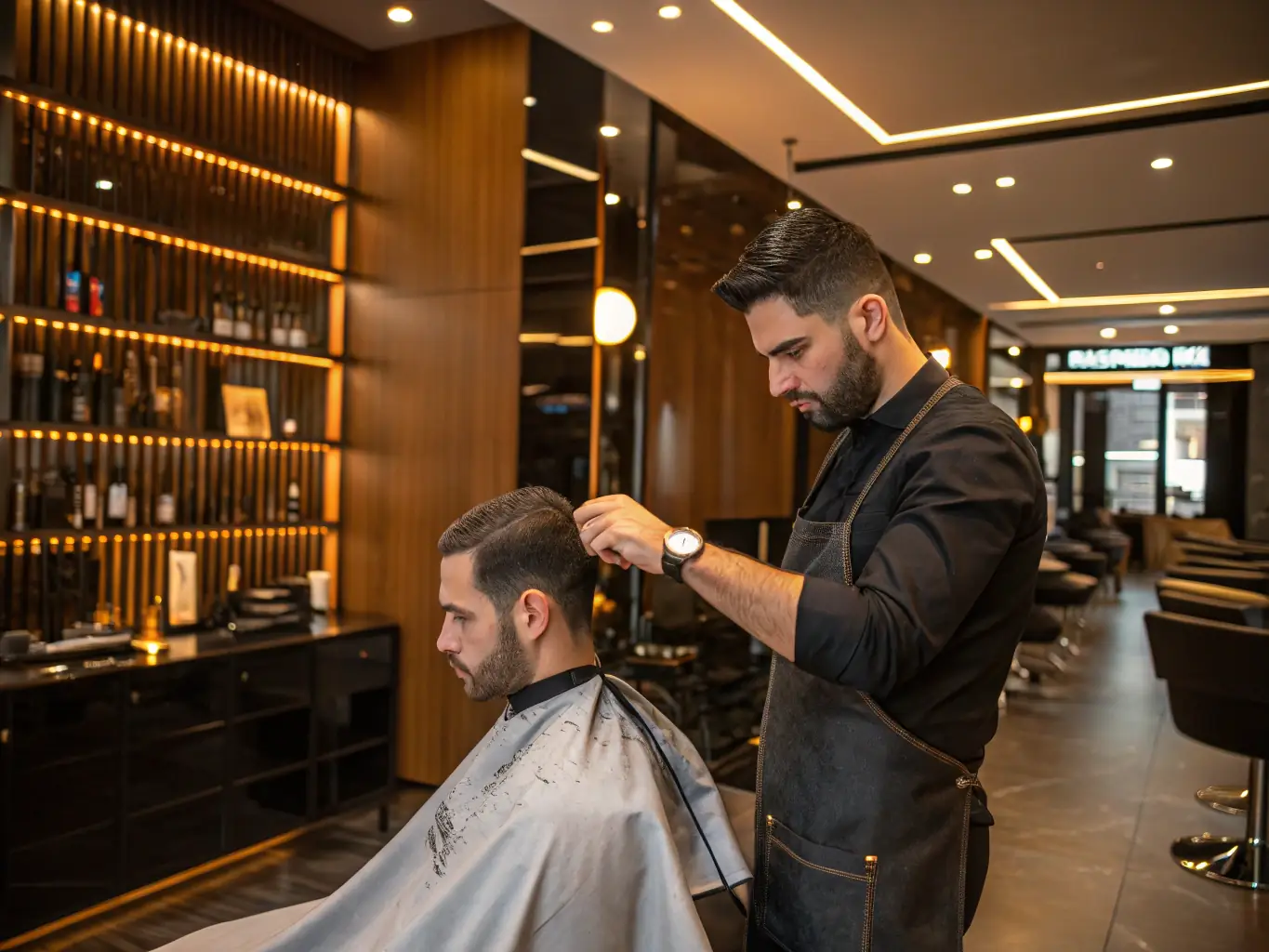 A barber carefully using scissors to give a client a classic, clean haircut in a traditional barbershop setting, showcasing precision and attention to detail.