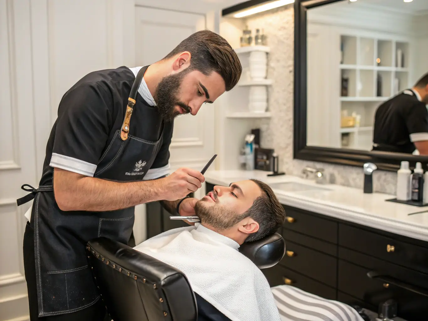 A barber meticulously trimming and shaping a client's beard with professional tools, highlighting the precision and care involved in beard grooming.